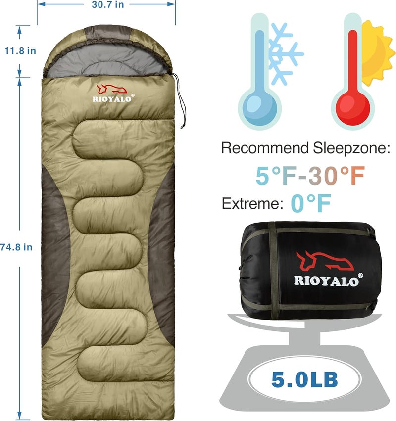 rioyalo 0 Degree Winter Sleeping Bags for Adults Camping (450GSM) - Temp Range (5F–32F) Portable Waterproof Compression Sack- Camping Sleeping Bags for Big and Tall in Env Hoodie: Backpacking Hiking 4 Season - Image 2